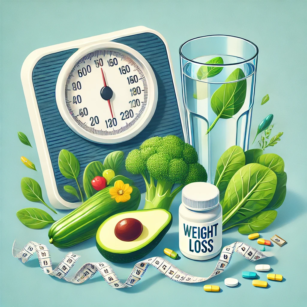 An image illustrating a healthy lifestyle concept, showing a scale, measuring tape, and a variety of fresh vegetables like avocado, broccoli, and others