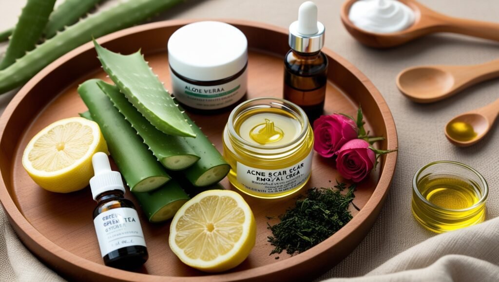 Close-up view of natural ingredients for acne scar removal creams, including aloe vera, lemon slices, rosehip oil, and green tea extract, arranged on a wooden tray. Small containers of creams and serums are also present, with a linen cloth and wooden spoons in the background, emphasizing a natural, holistic skincare approach.