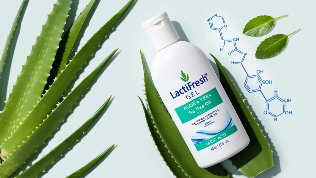 Close-up of LactiFresh Gel bottle alongside aloe vera leaves, tea tree oil, and lactic acid molecules, highlighting the product’s key natural ingredients.