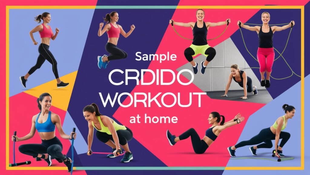 A visually appealing, infographic-style image showing a sample home cardio workout routine, including different exercises (e.g., jumping jacks, mountain climbers, and rest periods). The background has icons for a timer, water bottle, and heart rate monitor, representing key elements of an efficient cardio session.