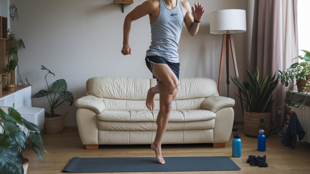 A person in comfortable workout clothes is performing simple home cardio exercises like jumping jacks in a cozy living room. The room has minimal equipment, with only a yoga mat and some water bottles in the background, emphasizing that no special gear is required.