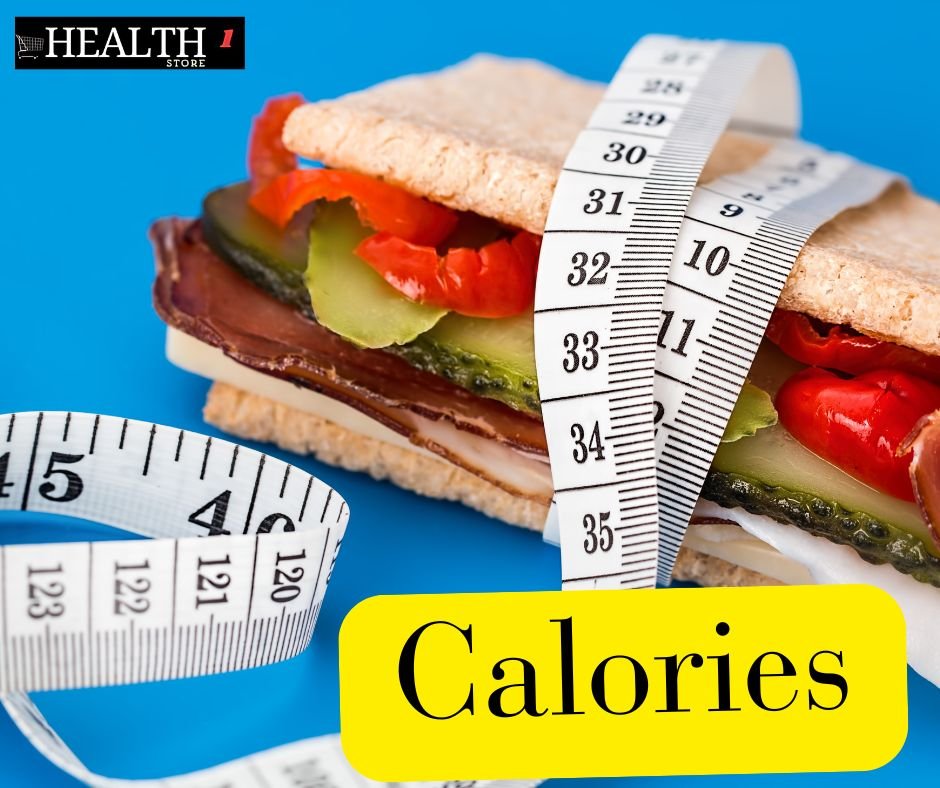 Educational image of various food types, each labeled with calorie information, for an article on understanding calories and their health impact. Background includes a light kitchen setting with natural lighting.