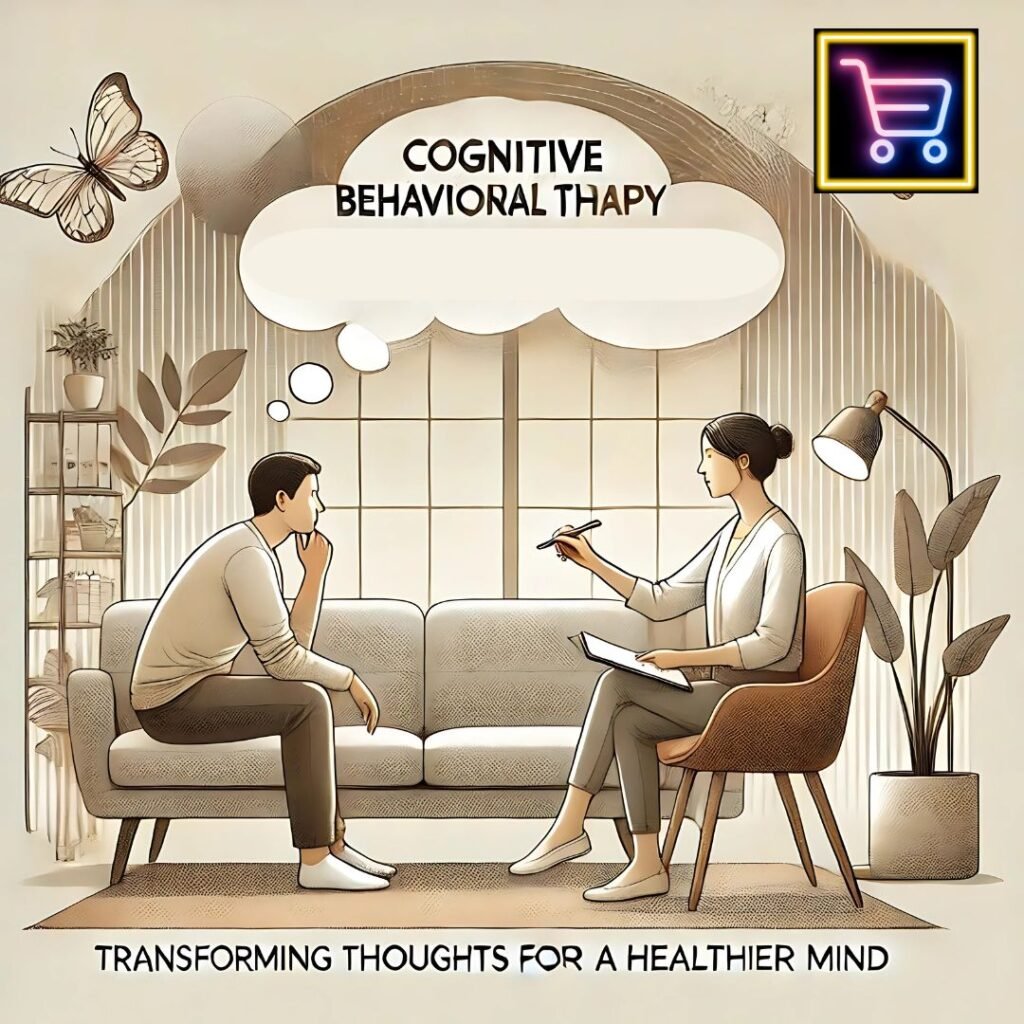 Illustration of a comfortable therapy session where a patient and therapist discuss cognitive behavioral therapy techniques in a serene, supportive environment.