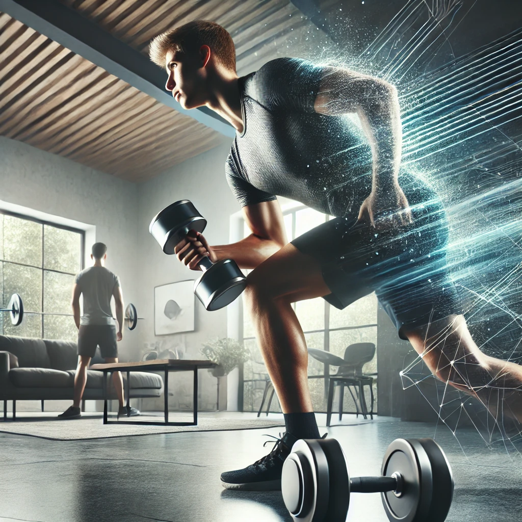 Strength Training Program for Fat Loss: A person lifting dumbbells during a strength training workout in a modern home gym, focusing on fat loss and muscle building.