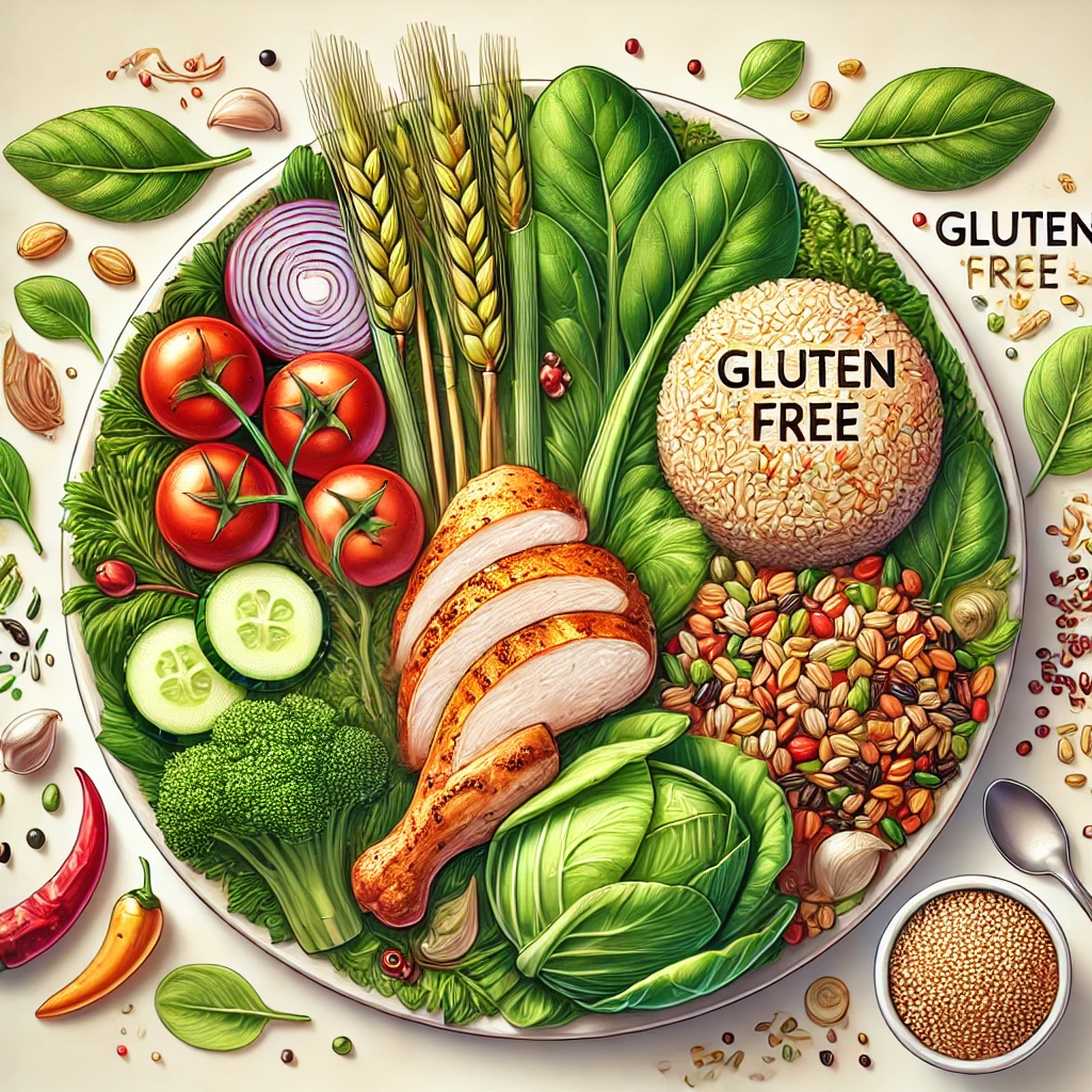 Celiac disease: A colorful and balanced gluten-free meal featuring lean chicken, vegetables, and quinoa on a clean, neutral background.