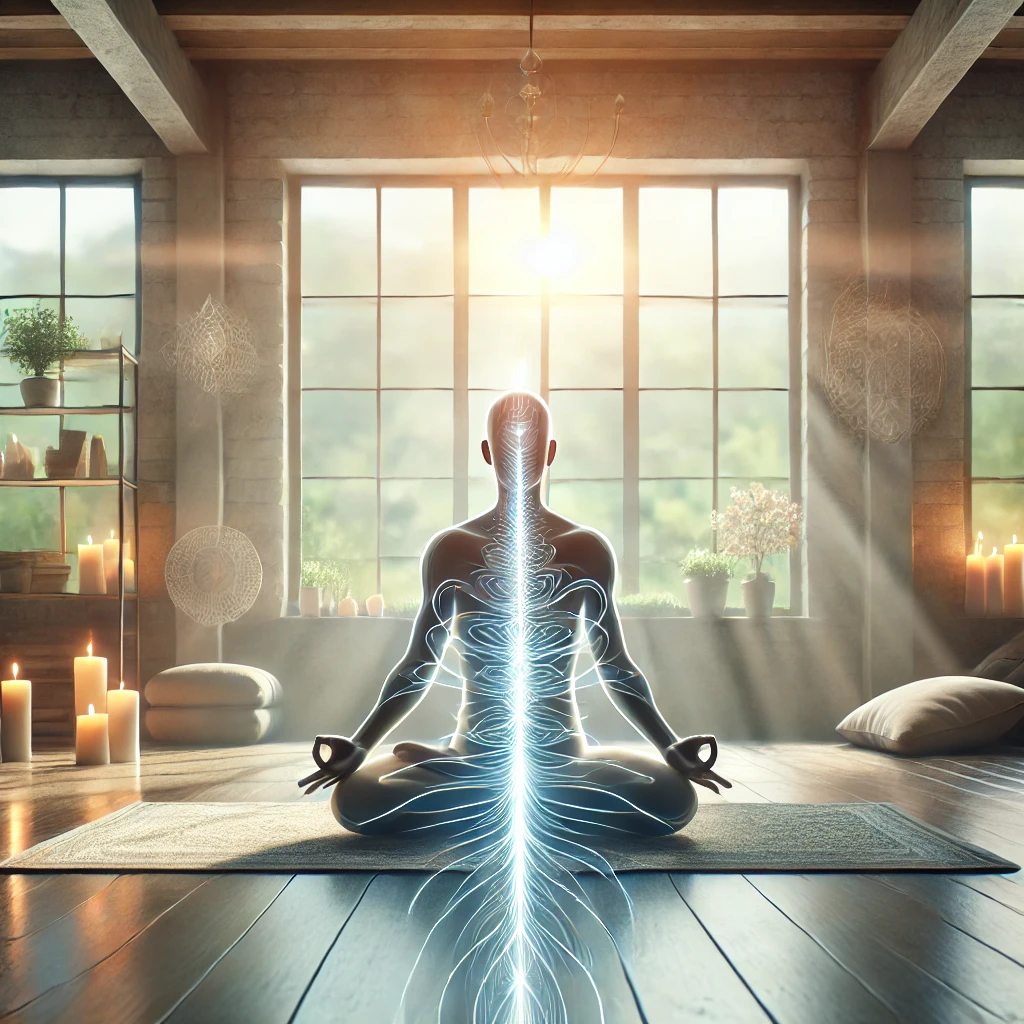 Person meditating in a serene yoga studio, sitting in a lotus pose with hands in Gyan mudra, surrounded by candles and plants, with energy rising from the spine symbolizing Kundalini yoga.