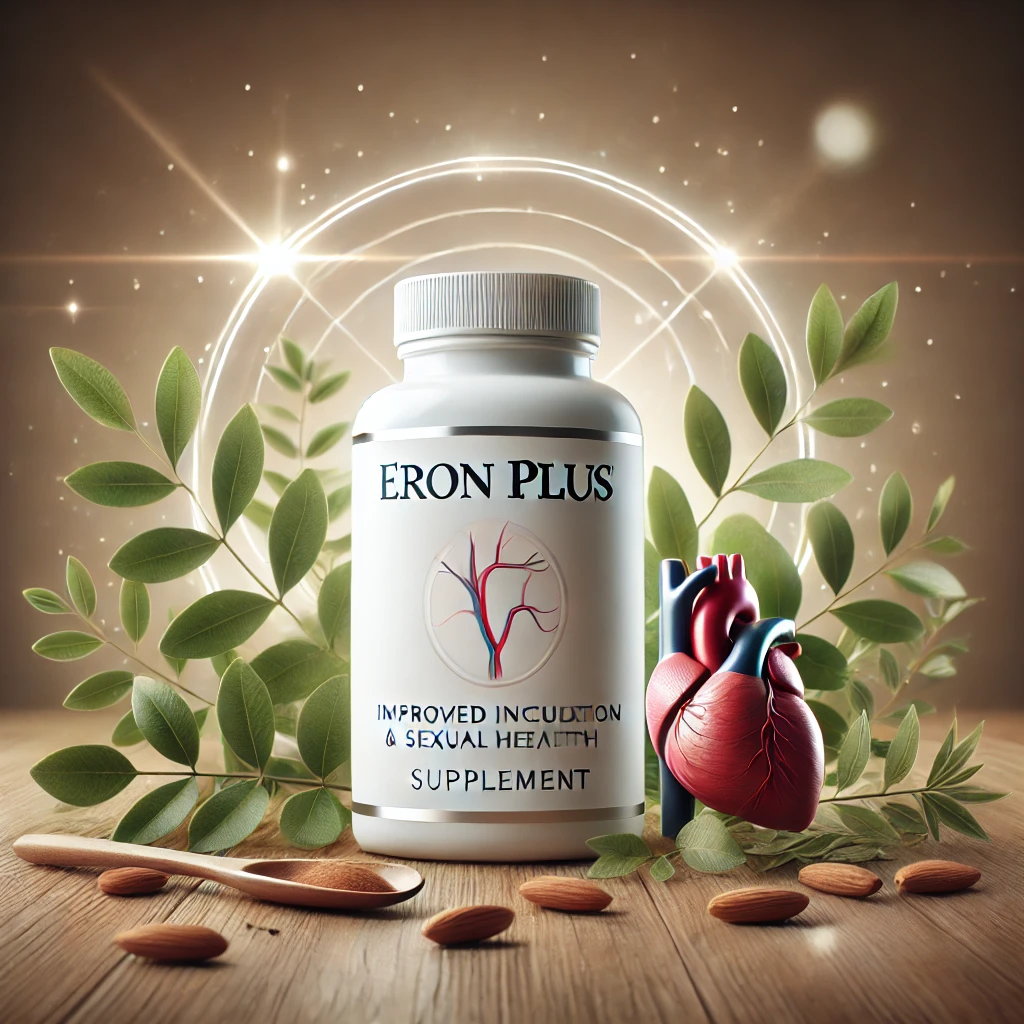 Eron Plus Review: Modern supplement bottle labeled 'Eron Plus' on a wooden surface, surrounded by natural herbs and leaves, with a background of a heart and blood vessels symbolizing improved circulation and sexual health.