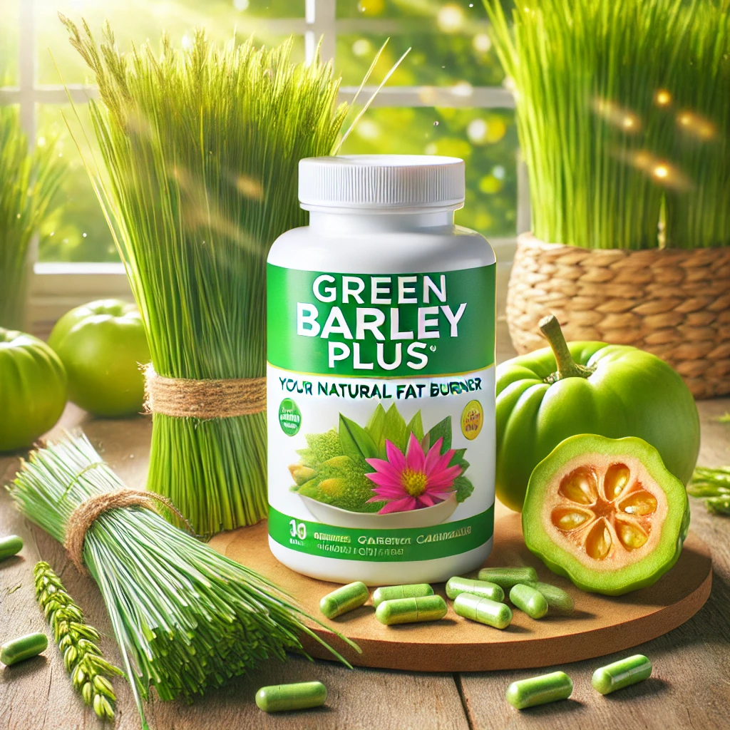 Green Barley Plus Review: A bottle of Green Barley Plus capsules surrounded by fresh green barley grass and Garcinia Cambogia fruit, with bright natural light.