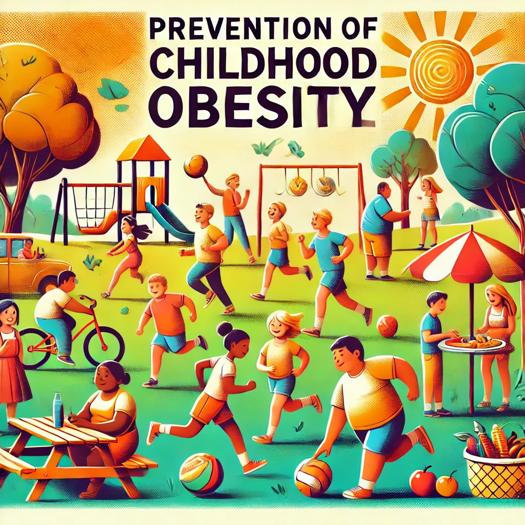 Illustration of diverse children playing outdoors and eating fruits in a sunny park, promoting healthy lifestyles for Prevention of Childhood Obesity