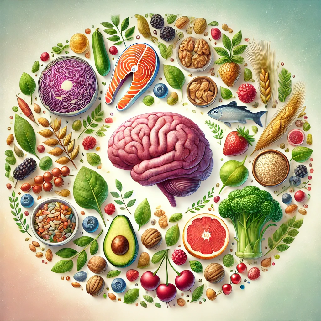 An illustration showing various nutritious foods such as salmon, leafy greens, berries, nuts, and whole grains arranged around a brain icon, symbolizing the connection between nutrition and mental health.