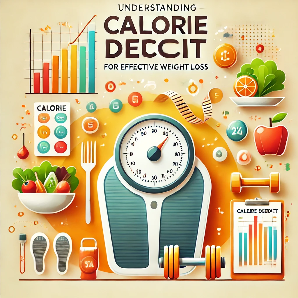 Illustrative featured image showing symbols of calorie control, including a food scale, salad, and exercise equipment, for a calorie deficit article.