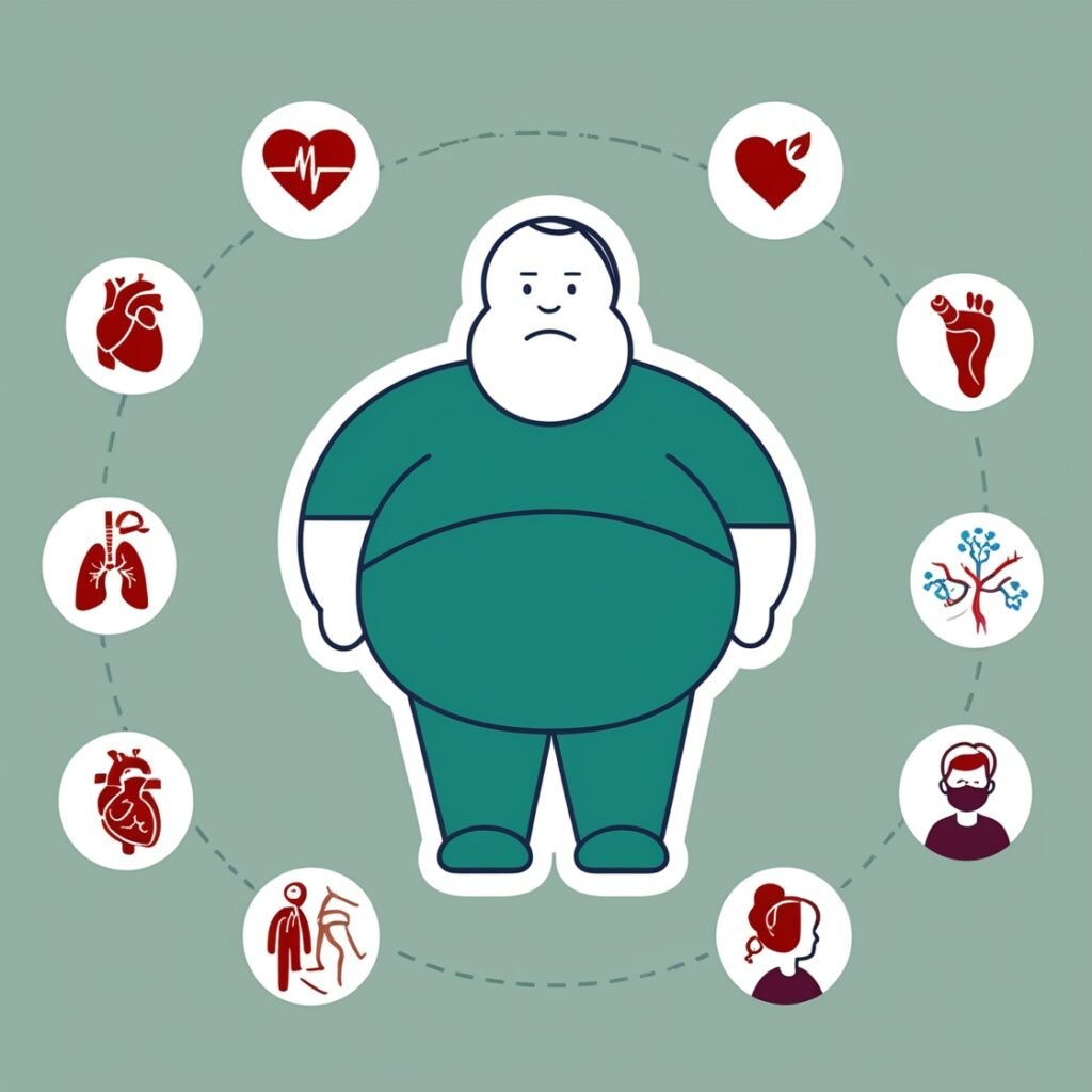 An illustration of an overweight figure surrounded by health icons representing various conditions linked to obesity, including heart disease, diabetes, joint problems, respiratory issues, and mental health struggles. The image uses vibrant colors to clearly depict the wide-ranging effects of obesity on health.