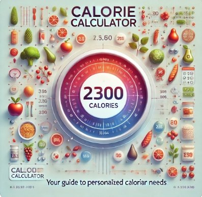 Digital calorie calculator interface with icons of healthy foods, featuring a large calorie number and title 'Calorie Calculator.