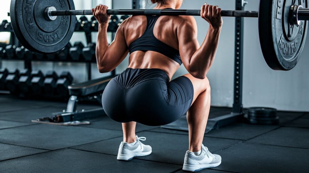 Person demonstrating proper form while performing a back squat with a barbell in a gym setting