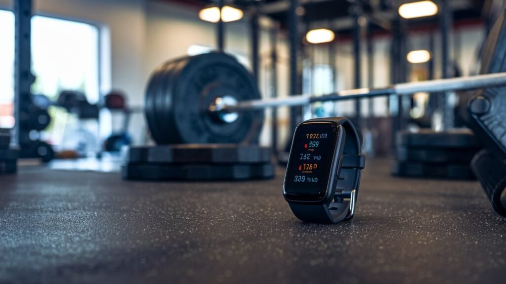 A close-up of a fitness tracker showing strength training progress, including calories burned and sets completed.