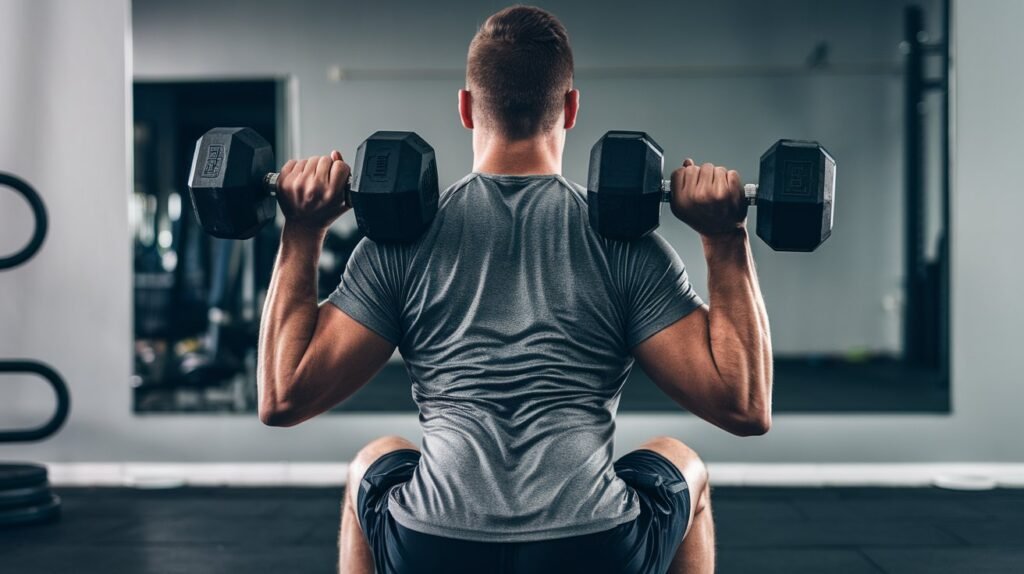 Person performing a back squat holding dumbbells at shoulder height in a gym