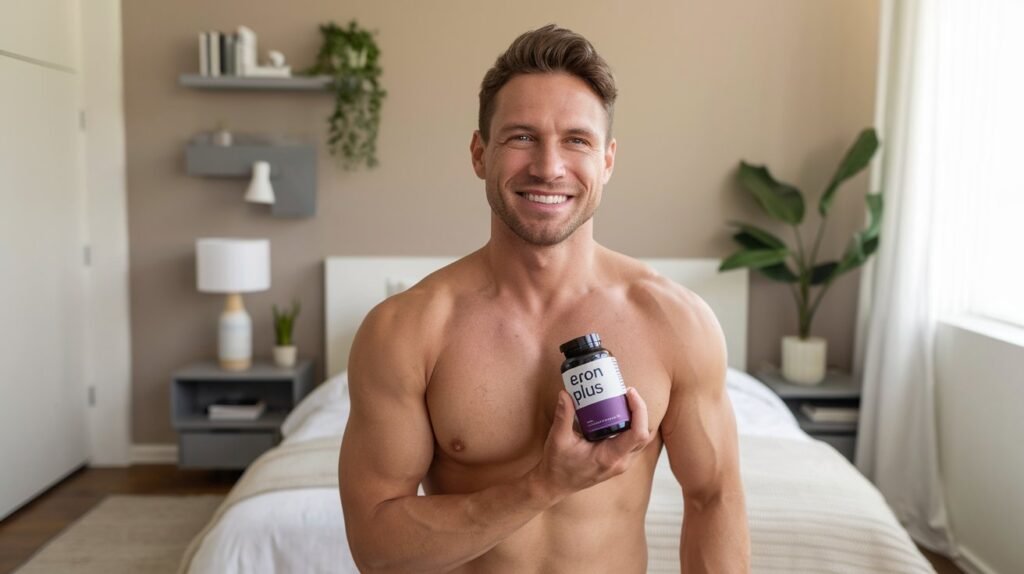 Man smiling confidently while holding Eron Plus supplement in a modern bedroom, symbolizing improved sexual health and confidence.