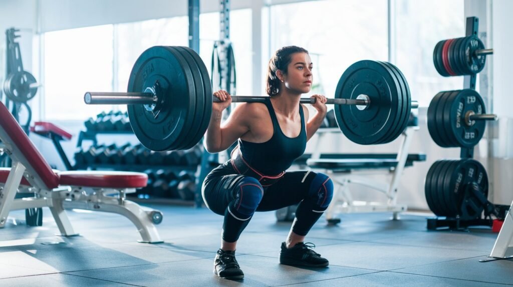 A person performing a barbell squat in a gym, showcasing strength training technique for fat loss.