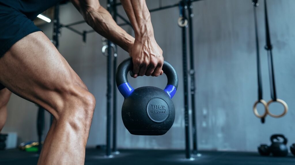 A person executing a kettlebell swing in a gym, demonstrating strength training for fat loss.