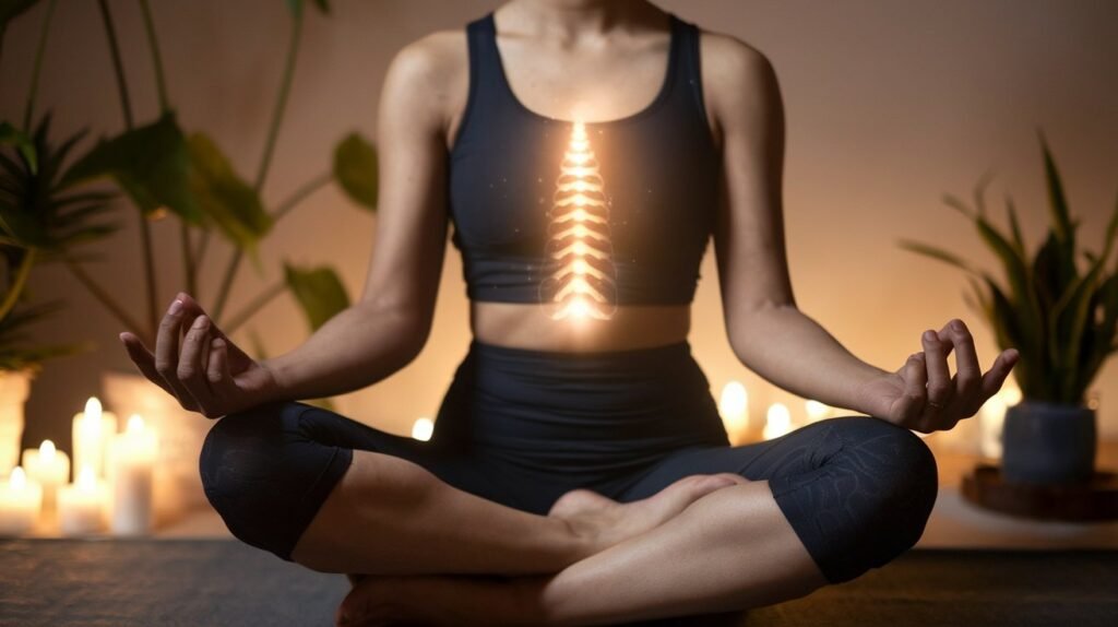 Close-up of a person meditating in Gyan mudra with glowing light at the base of the spine, representing Kundalini energy awakening, in a serene environment with candles and plants.