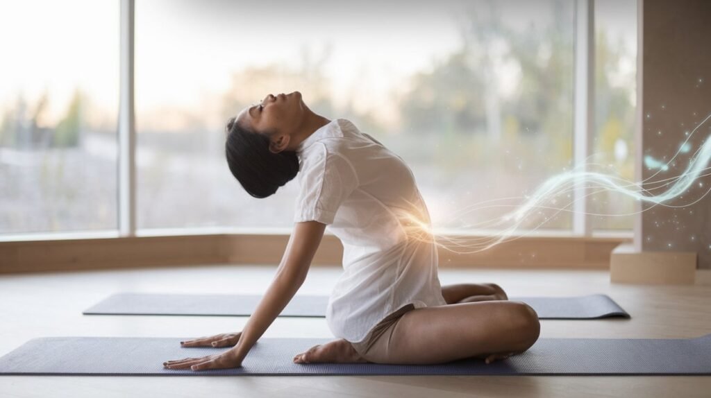 Person performing spinal flex in a seated position in a peaceful yoga studio with soft lighting and natural surroundings, representing the flow of Kundalini energy through the body.