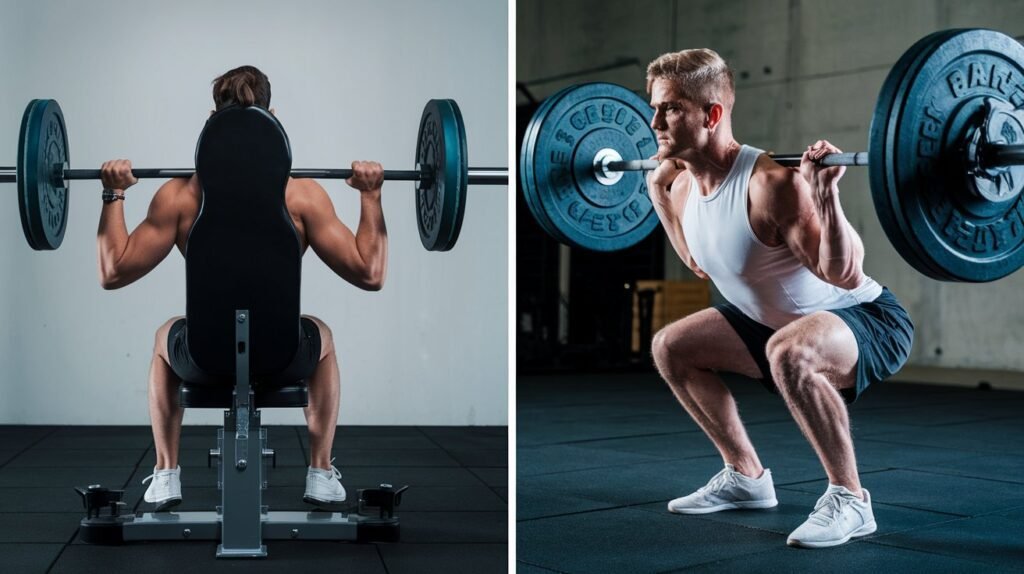 Side-by-side comparison of a back squat machine and a barbell back squat.