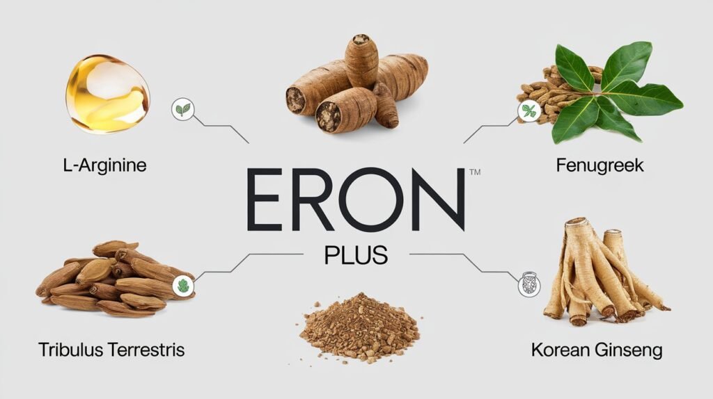 Infographic showing the natural ingredients in Eron Plus like L-Arginine, Maca Root, Fenugreek, and more, with descriptions of their benefits for sexual health.