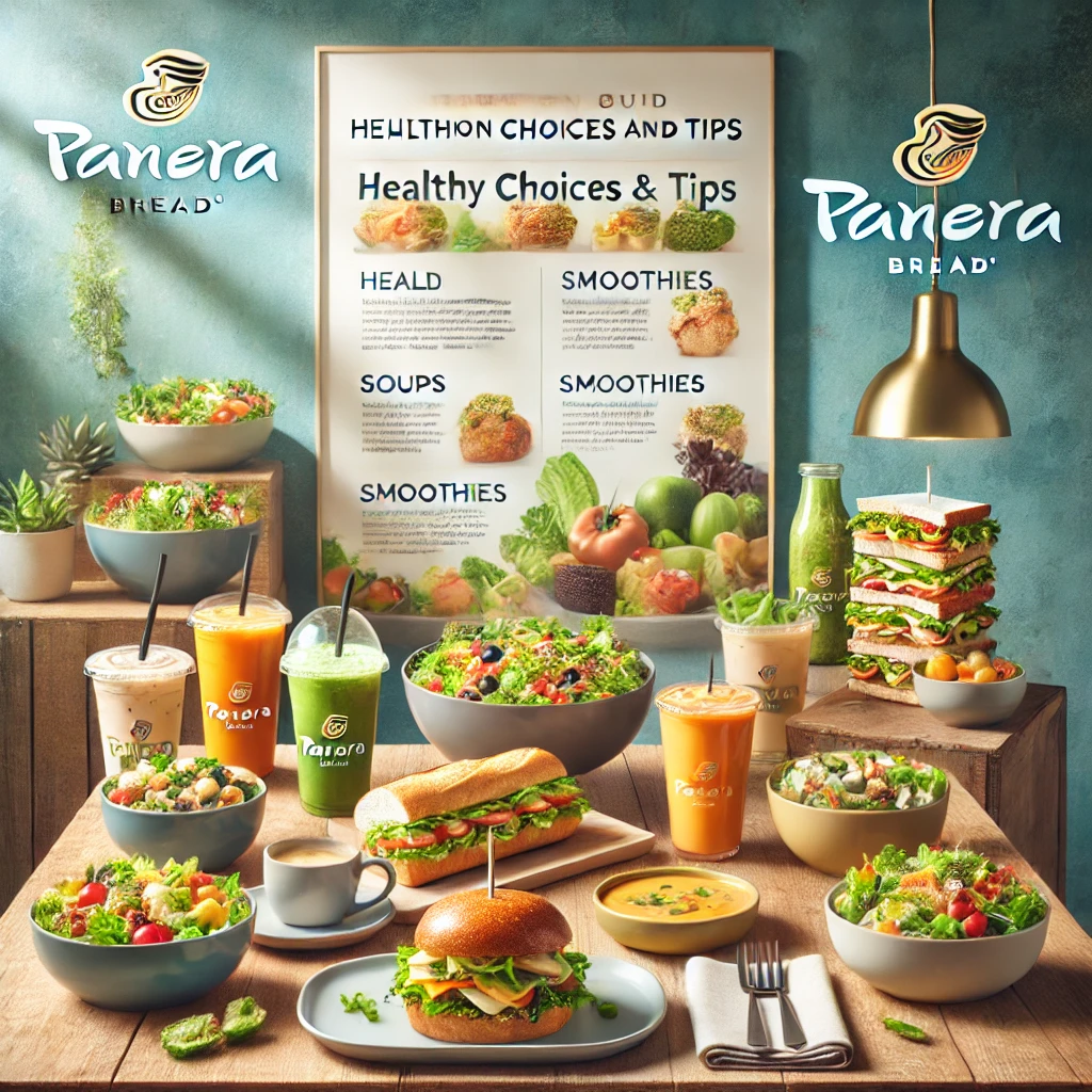 A fresh and colorful display of Panera Nutrition menu items, including salads, soups, and sandwiches with vibrant vegetables, arranged on a wooden table in a clean, casual dining setting.