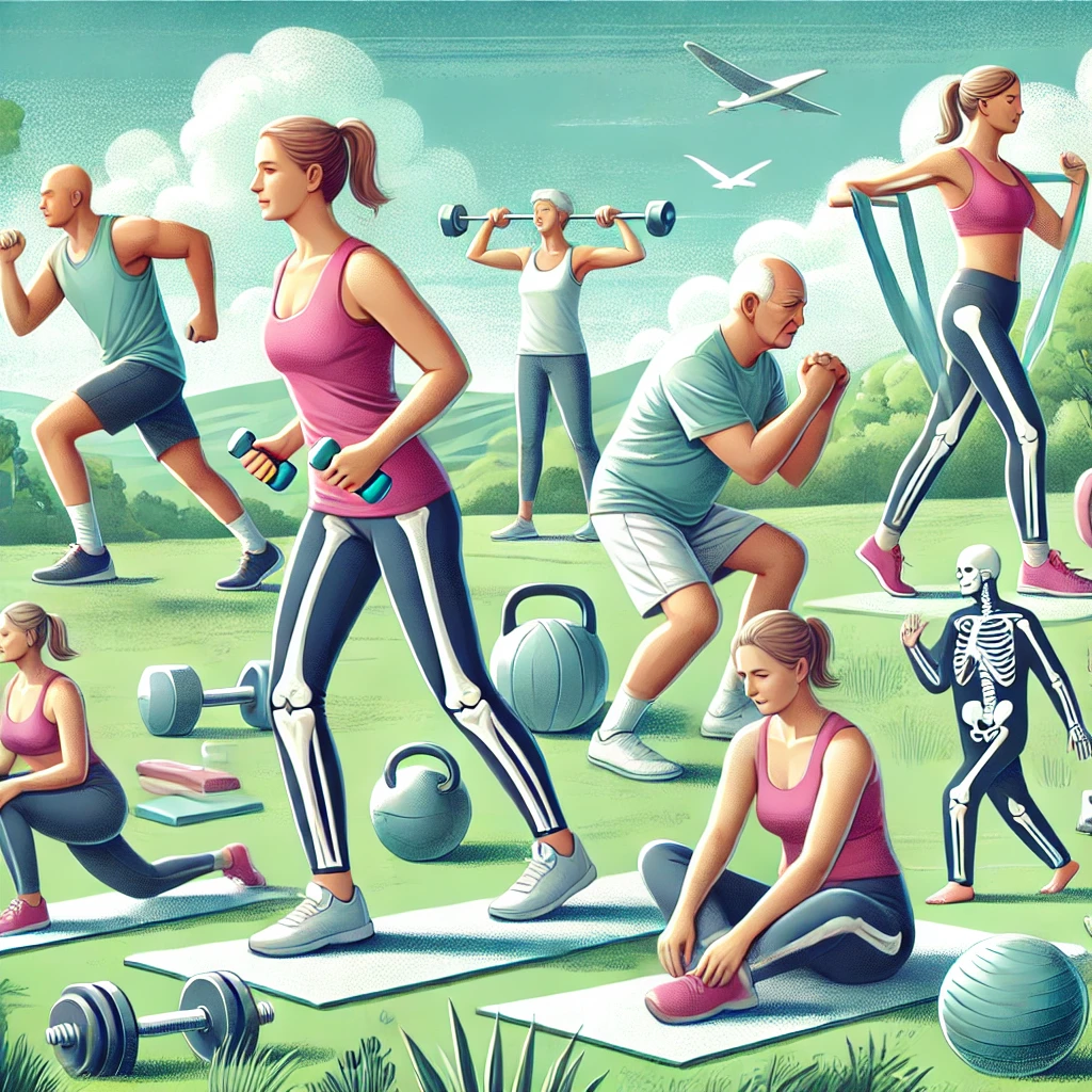 People of different ages performing bone health exercises like weight-bearing, resistance training, and yoga in a natural, outdoor setting, representing a healthy lifestyle and fitness.