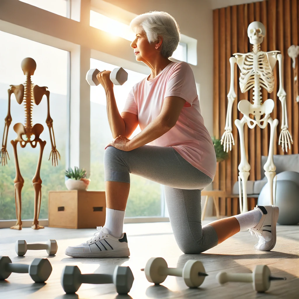 Exercises for Osteoporosis: An older adult performing osteoporosis-friendly exercises, including lifting light weights, practicing balance exercises, and stretching, in a safe indoor setting.