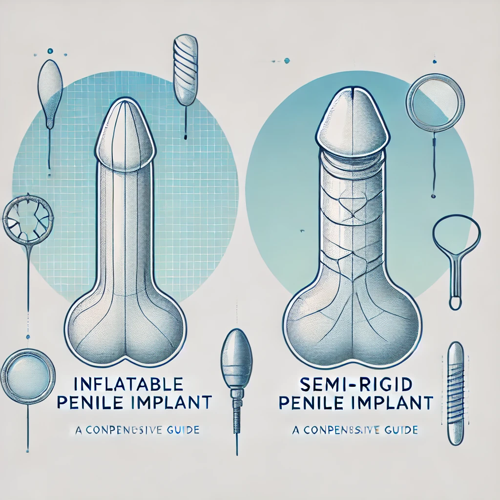 Illustration of two types of penile implants: inflatable and semi-rigid, with labels and annotations on a light blue medical-themed background.