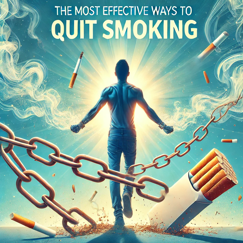 A motivational image for a blog post on quitting smoking, showing a person breaking free from chains made of cigarette smoke, symbolizing health and freedom. The title 'The Most Effective Ways to Quit Smoking' is displayed prominently.