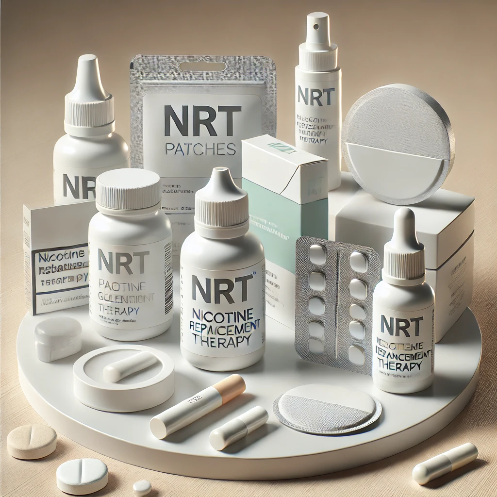 A modern collection of Nicotine Replacement Therapy (NRT) products, including patches, gums, and lozenges, placed on a neutral background, symbolizing different quitting smoking methods.