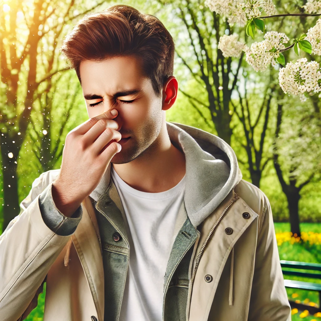 a person experiencing seasonal allergies in a park during springtime.