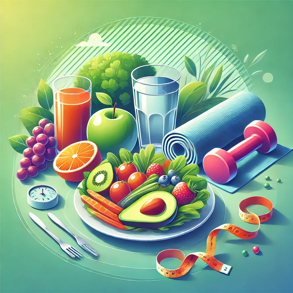 A picture expressing healthy food and exercise tools as a part of health tips.