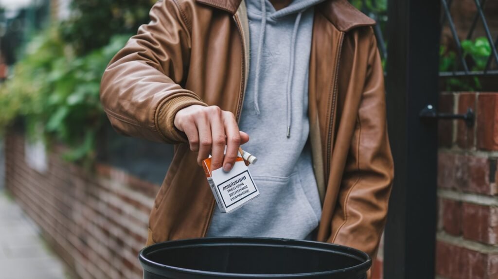 A person throwing away a pack of cigarettes as part of their journey to quit smoking