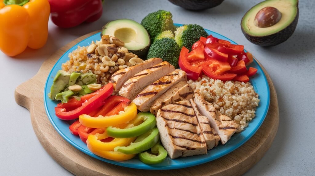 A colorful plate of healthy foods including vegetables, lean proteins, and whole grains, ideal for creating a calorie deficit.