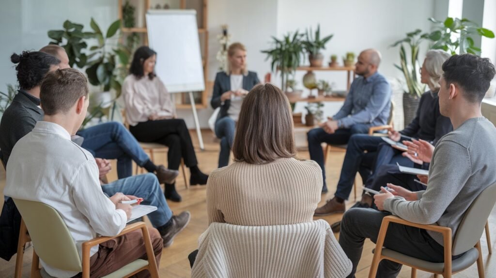 A group of people in a support meeting discussing their experiences and strategies for quitting smoking.