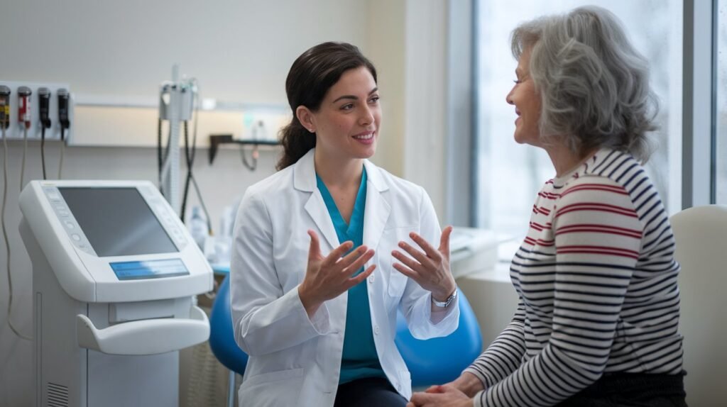 A doctor discussing breast cancer screenings with a patient, emphasizing the importance of early detection and regular exams.