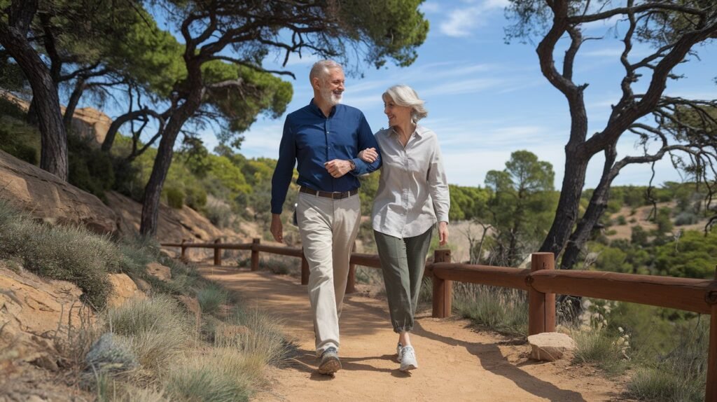 Senior couple walking on a nature trail as part of weight-bearing exercises for bone health.