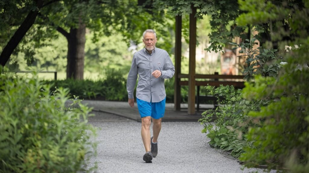  An older adult walking briskly in a park, highlighting weight-bearing exercises for bone health.