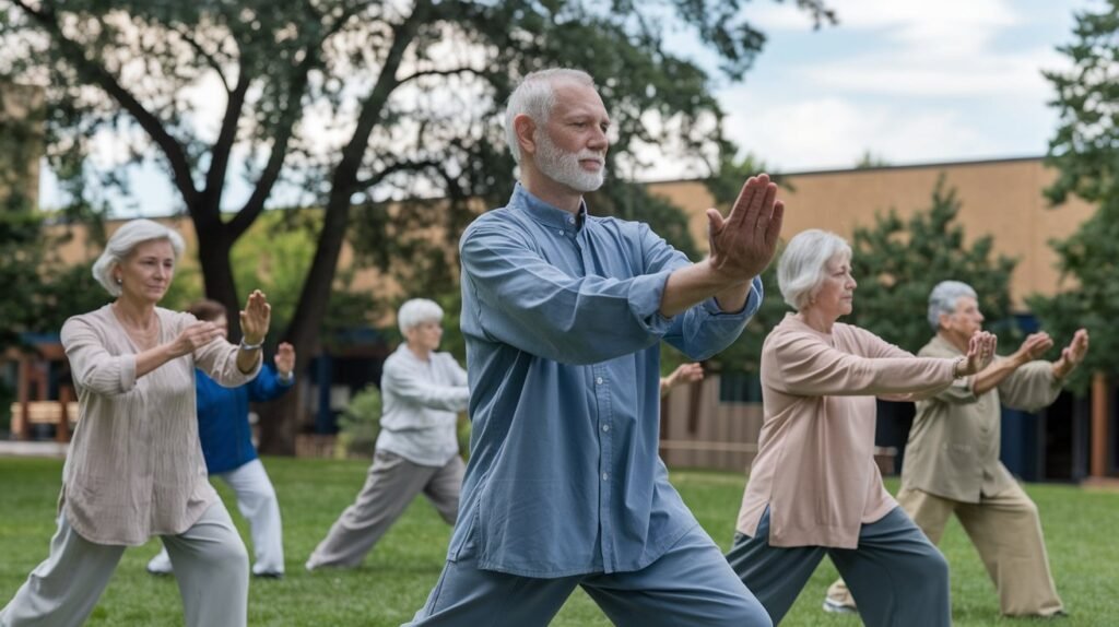 A group of seniors practicing Tai Chi in a serene outdoor setting to enhance balance and flexibility for bone health.