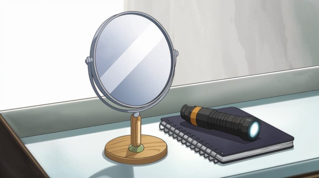 A collection of tools for performing self-examinations, including a mirror, flashlight, and health journal.