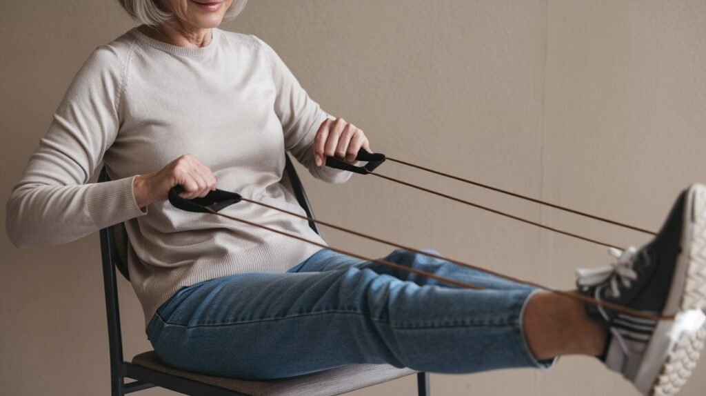 An older woman performing resistance band exercises to improve muscle strength and bone density.