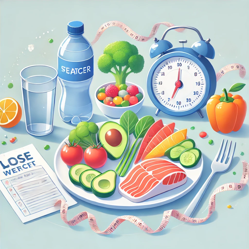 Illustration of a balanced meal, water bottle, and healthy foods representing ways to lose weight without exercise.