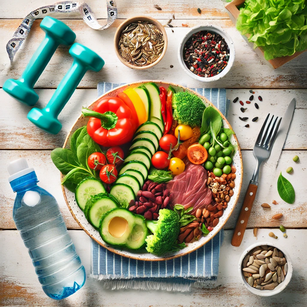 Featured image showcasing a healthy meal with vibrant vegetables, lean protein, and whole grains, accompanied by exercise accessories like dumbbells and a water bottle, symbolizing a balanced approach to weight loss tips.