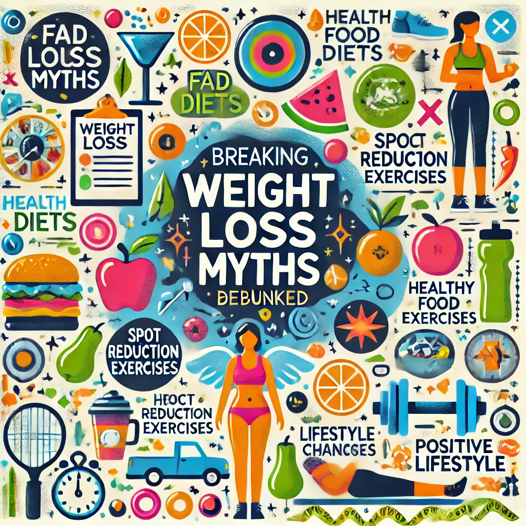 Visual representation of common weight loss myths being debunked, with illustrations showing healthy diet choices and exercise.