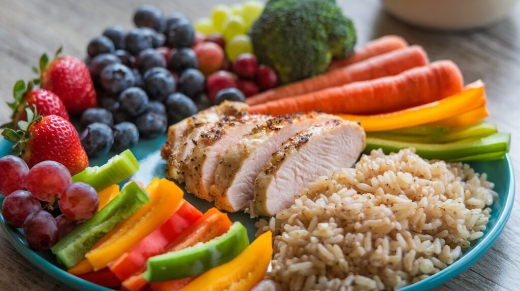 A balanced meal on a plate including fruits, vegetables, lean proteins, and whole grains, representing a healthy postpartum diet.