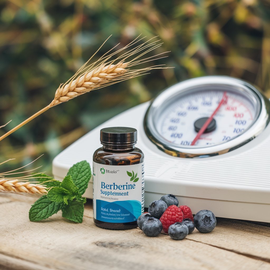 Berberine supplement bottle beside a scale showing weight loss, with natural plant elements in the background indicating the benefits of berberine for weight loss.