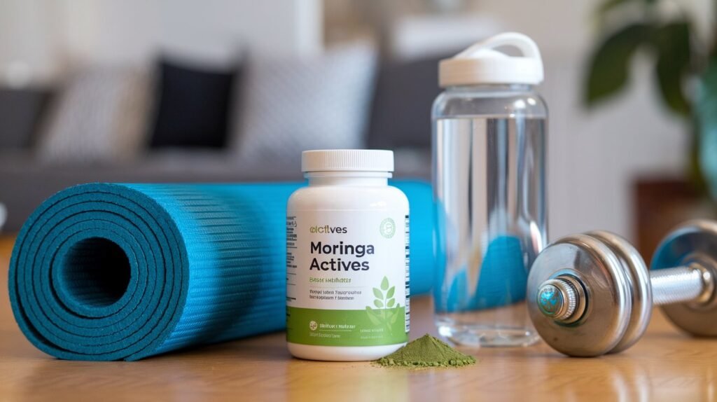 Moringa Actives supplement with fitness essentials like a yoga mat, dumbbells, and a water bottle for a holistic weight loss approach.